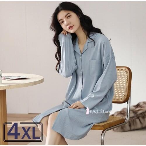 Shirt Skirt Pajamas Dresses for Women Plus Size 4XL Cotton Long Sleeve Nightgown Autumn Solid Night Cardigan Sleepshirt
