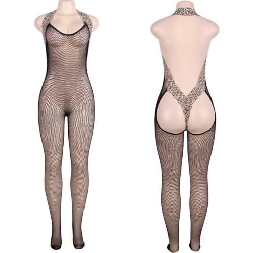 Sexy Sheer Seamless Fishnet Mesh Butt Open Leopard Edge Body Stockings Thong Back Backless Bodysuit Bodystocking Lingerie