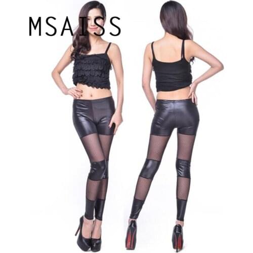 MSAISS PU Sexy Leggings Women Leather Night Club Party Hollow Lace Legging For Women Leggins