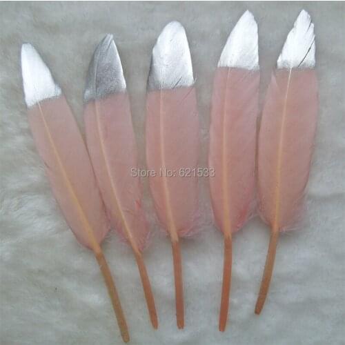 Silver Dipped Light Watermelon Red Duck feathers,Metallic Silver hand painted duck Cocottes feathers,new feathers