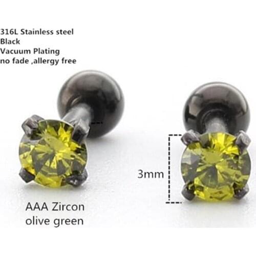 Titanium Black Plated Screw Stud Earrings With Mini 3mm Olive Green AAA Zircon 316L Stainless Steel No Fade No Allergy