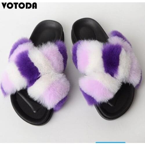 Womens Fox Fur Sliders Furry Faux Fur Sandals Fluffy House Slippers Rainbow Fur Slides For Women Ladies Fuzzy Home Flip Flops