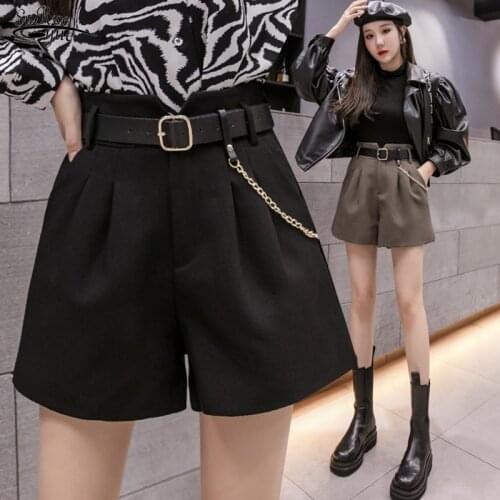 Autumn Winter Sexy Black Women Shorts Wide Leg High Waist Shorts For Women Pockets Loose Casual Shorts Women With Chain 11367