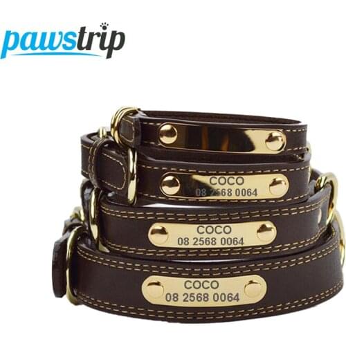 Pawstrip Engraved Dog Collar Leather Pet Tag Collar For Dogs French Bulldog Pitbull Large Dog Collar Lead Luxury Puppy Collars
