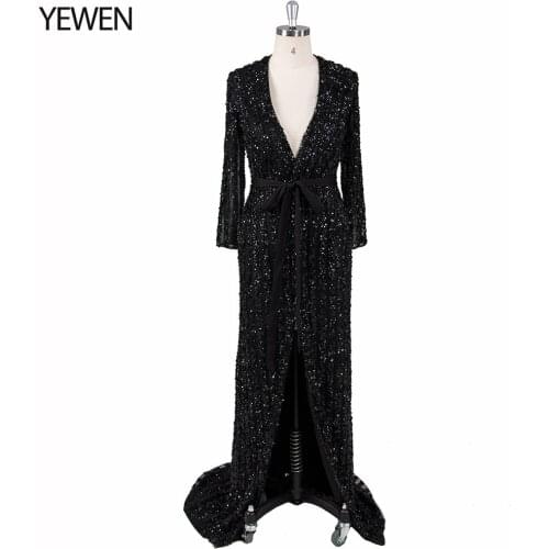 In Stock Size 4/8 V-neck 2020 Black Prom Dress Crystal Evening dresses long sleeve elegant Arab robe de soiree formal gown YeWen