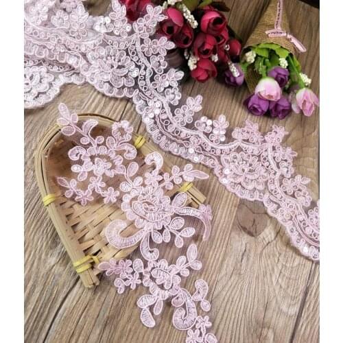 1 Meter Venise Cording Fabric Sequins Pink Flower Venice Mesh Lace Trim Applique Sewing Craft for Wedding Dec