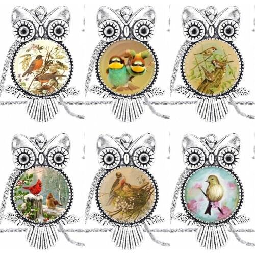 Vintage Jewelry Plated With Glass Cabochon Choker Long Pendant Owl Necklace For Girls Gifts Three Feathered Friends Songbird