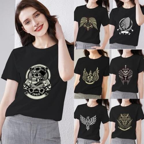 Women Printing T-shirts Black All-match Harajuku Skull Pattern Series Tee Classic O-neck Commuter Short Sleeve Tee,Drop Shipping