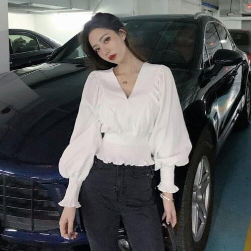 V Neck Vintage Blouse Women Puff Sleeve Top Tunic White Shirt Ruffle Autumn Winter Basic White Tee Shirt High Waist 2021 New