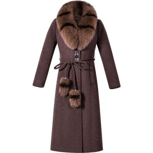 New Autumn Winter Women Wool Coat Super Quality Natural Fox Fur Collar Female Cashmere Long Coats Plus Size 5XL LX2083