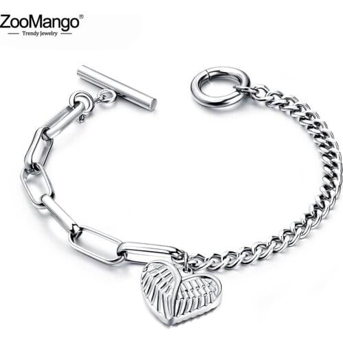 ZooMango Fashion Beautiful Cute Love Angel Wings Bracelets Stainless Steel Heart Charm Rose Gold Color Bracelet Jewelry ZB18102