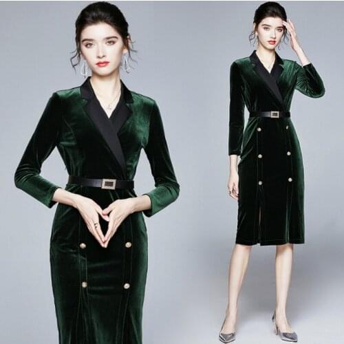 2021 Autunm winter fashion elegant women Velvet Midi Dress Button Velour High Quality Vestidos Casual dress