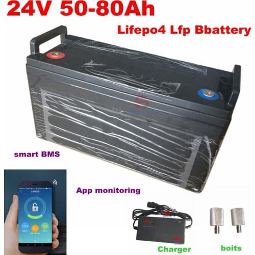24V 50Ah 60AH 80Ah LiFePO4 Battery 25.6v LFP smart BMS 60A App bluetooth for Boat motor RV power Solar Energy ups + 10A charger