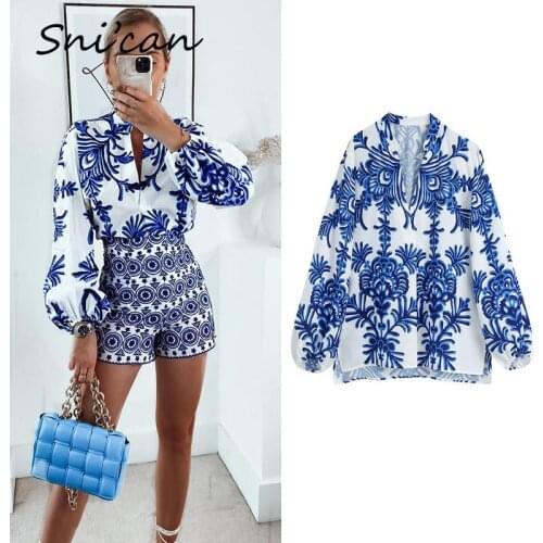 Blue Print Women Blouse Summer Casual Office Ladies Chic Tops Za Plus Size Fashion Female Satin Shirts Sobrecamisa Mujer Blusas