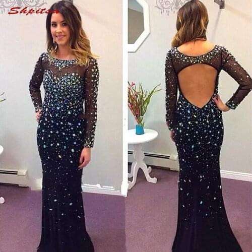 Black Long Sleeve Evening Dresses Party Mermaid Crystal Plus Size Ladies Women Luxury Formal Dresses Evening Gown