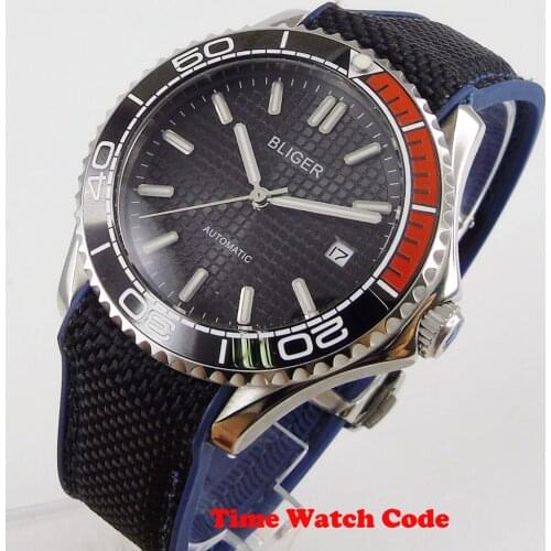 Design BLIGER 41mm Automatic movement Mens Wristwatch black dial date luminous hands Sapphire Glass bicolor bezel Rubber strap