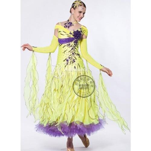 Elegant customize yellow Fox trot cha cha ballroom Waltz tango salsa Quick step competition dance dress ballroom dress salsa