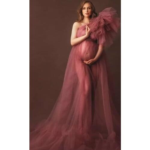 Elegant One Shoulder Tulle Maternity Dresses See Through Sexy Women Plus Size Tulle Maternity Dressing Gowns For Photography