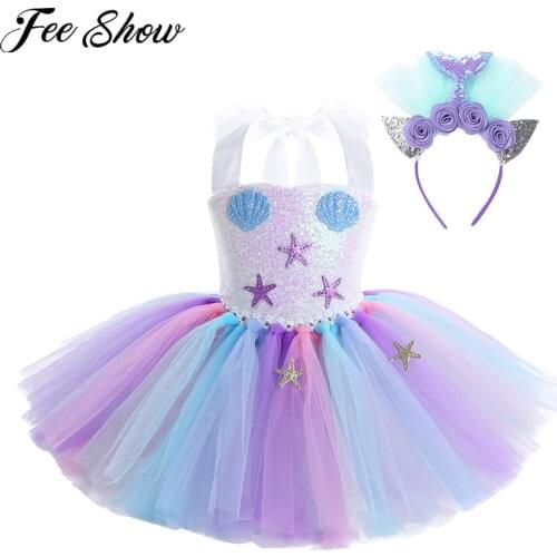 FEESHOW Girls Dress Princess Dresses Kids Sequins Mermaid Costume Halloween Carnival Cosplay Party Outfit Mermaid Tail Hair Hoop