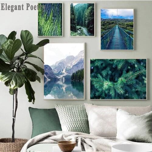 Mountain Lake Forest Bridge Landscape Picture Scandinavian Poster Scenery Nature Canvas Wall Art Print Painting Nordic Decoation