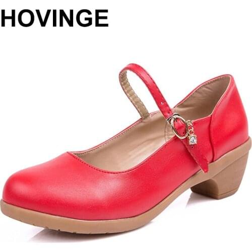 HOVINGE PU leather retro Women square heel shoes ankle strap Mary Jane round toe pumps dancing shoes party work kitten heel