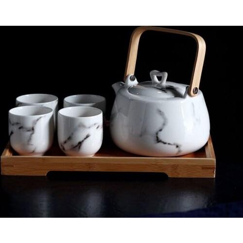 Ceramics Marble Tea set Afternoon tea teapot Cups Suit scented tea Wooden tea tray kitchen accessories room decoration