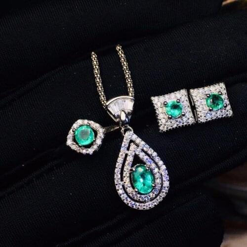 KJJEAXCMY exquisite jewelry 925 Silver-inlaid Natural Emerald Girl Ring Dropping Ear Nail Set Support Detection