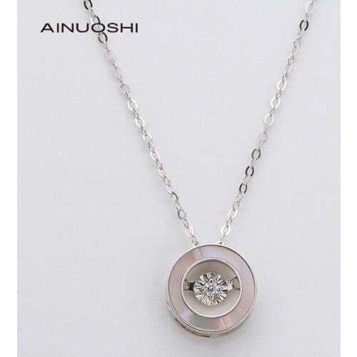 AINUOSHI 18K Gold 0.021ct Real Diamond & 0.45ct Mother-Of-Pearl Circle Pendant Necklace for Women Engagement Jewelry Gift 18