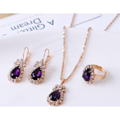 Jewelry sets earring ring necklace water-drop shape 6 color crystal setting gold color plated metal chain bride wedding jewelry