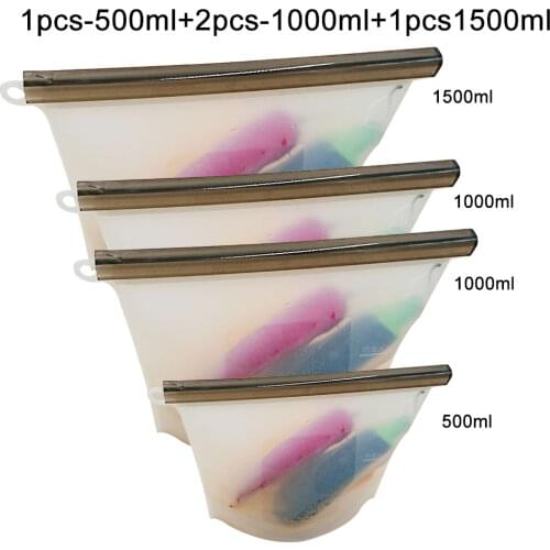 500ml/1000ml/1500ml Reusable Silicone Food Storage Bag Cooking Fresh Bag for Sandwich Water Snack Fruit Freezer Airtight Seal