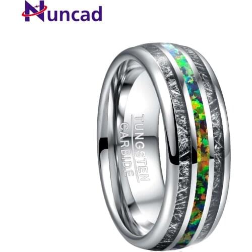 2019 Nuncad 8mm Width Mens Ring Wedding Band Engagement Ring Inlaid Black Meteorite + Green Opal Tungsten Carbide Ring