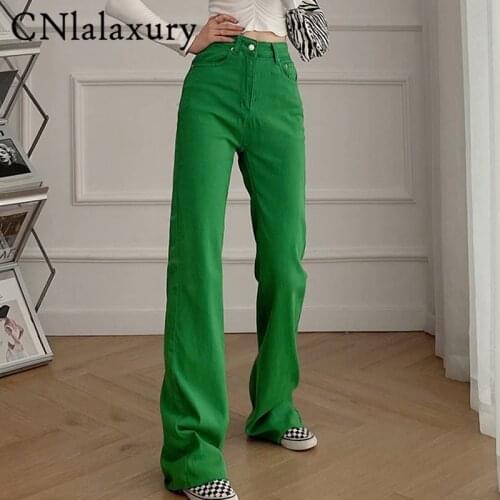 CNlalaxury 2021 New Za Green Flare Jeans Baggy Pockets Zipper Cargo Denim Pant Fahion Mom Pants Women Vintage Jean Trousers