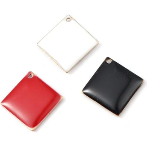 DoreenBeads Fashion Copper Enamelled Sequins Pendant Rhombus Brass Color Black Red White Jewelry DIY Charms 21mm x 21mm, 10 PCs