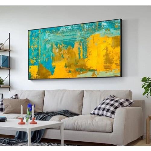 Hand Painted Abstract Oil Painting Wall Art Green Yellow Modern On Canvas For Living Room Picture Minimalist Decorative No Frame
