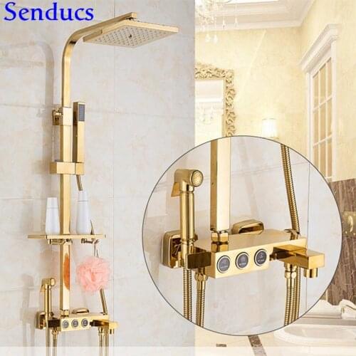 Senducs Luxury Gold Bathroom Shower Set Newly Design Square Brass Bathroom Gold Shower Faucet Hot Selling Gold Bath Shower Set