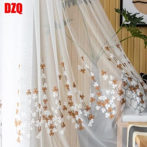 Embroidered White Tulle Curtains Sheer for Living Room Bedroom Window Drapes Home Decor Brown Floral Curtain