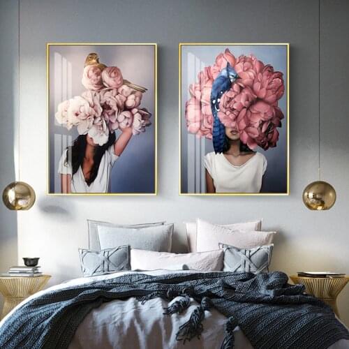 Modern Floral Girl Pink Blue Wall Art Canvas Painting Poster Print Pictures for Living Room Home Interior Decoration