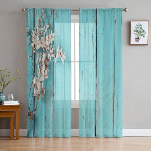Plum Blossom Plank Blue Wood Flower Sheer Curtains for Living Room Kitchen Tulle for Windows Voile Yarn Curtains for Bedroom