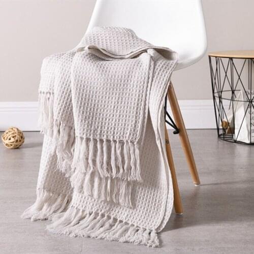 Knitted Wool Blanket with Tassel Solid Waffle Embossed Blanket Lightweight Soft Blankets for Sofa Bed Throw Towell Cape Blanket