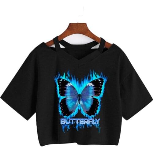 Harajuku Cartoon Blue Butterfly Print Crop Tops Harajuku V-Neck Cropped Tee Cute Women T-shirt Gothic Punk Summer Streetwear top