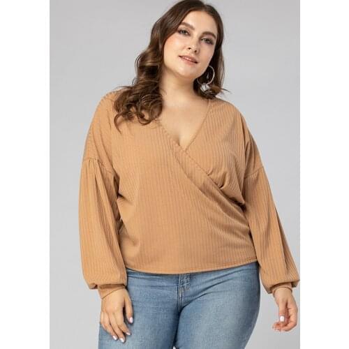 DOIB Khaki Plus Size T-shirt Women Camel Solid Color Cross V Neck Large Size Tees 2020 Autumn Loose Casual Oversize Shirt 4XL
