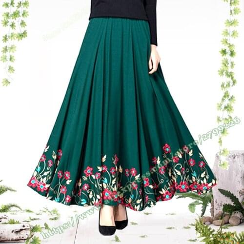 2020 Plus Large Size 8XL 7XL Spring and Autumn Casual Retro Black Green Cotton and Linen Flower Pattern female Skirt for Womens