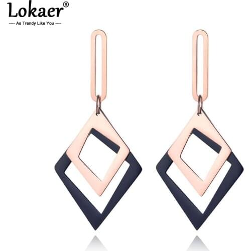 Lokaer Trendy Double Layer Stainless Steel Geometry Earrings For Women Black/Rose Gold OL Style Ear Jewelry Wedding Gift E19062