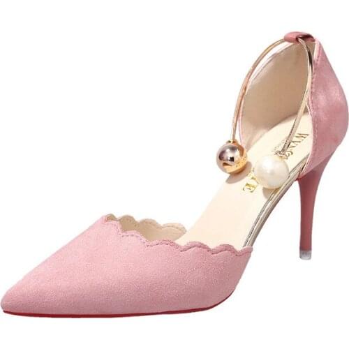 Wild high heels women 2020 spring and summer new style Baotou fine with shallow mouth large pearl single shoes pointed sandals