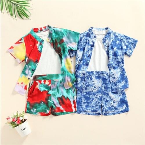 1-5 Years Boy Spring Autumn 3pcs Set T-Shirt Shorts Blue Colorful Tie-Dye Printing Coat Outwear Casual Style Infant Boys Outfits