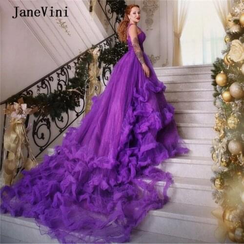 JaneVini 2020 Sexy Purple One Shoulder Long Evening Dresses Ball Gown Sleeveless Tiered Tulle Plus Size Dubai Formal Dinner Gown