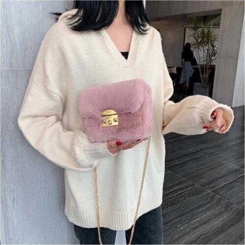Winter Womens Tote Bag Faux Fur Shoulder Messenger Bag Metal Chain Handle Large Capacity Ladies Multicolor Handbag Hot Sale