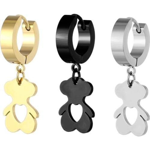 Gold Huggie Dangle Earring For Women Fashion Simple Generous Hollow Stainless Steel Bear Shape Animal Pendant Hoop Earring