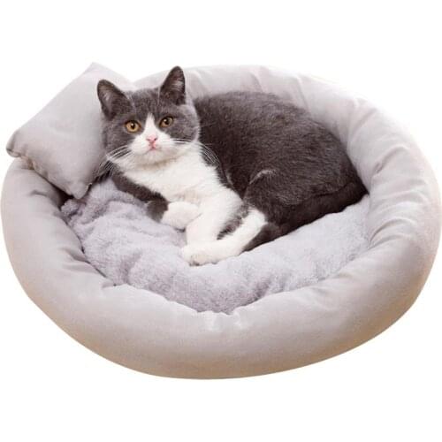 1pc Creative Soft Warm Pet Bed Nest Solid Color Round Thick Pet Cushion Pet Sleeping Bed With Pillow Pet Supplies