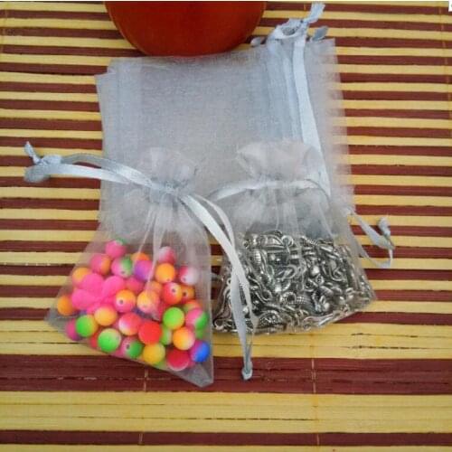 100pcs/17x23cm 20x30cm 25x35cm 30x40cm Silver Grey Organza Jewelry bags Wedding organza drawstrings jewelry Gift Packaging Bags